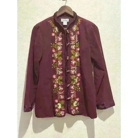KAS Sport Womens Sz S Corduroy Jacket Merlot Wool Embroidered Floral Velvet Fall - Picture 1 of 12